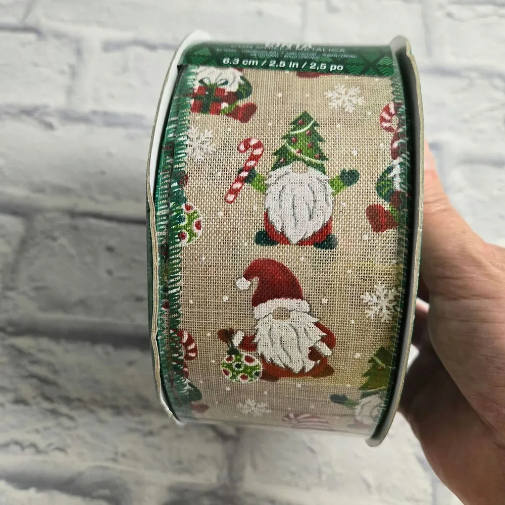 50 yards Gnome Wire Edge Holiday Ribbon Ornaments Santas Candy Canes Snowflakes